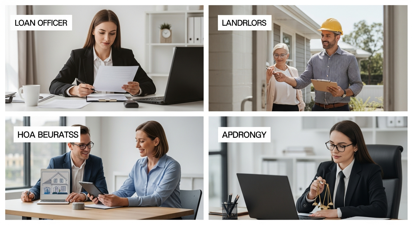 Four professional scenarios showing lenders, landlords, HOA members, and attorneys.