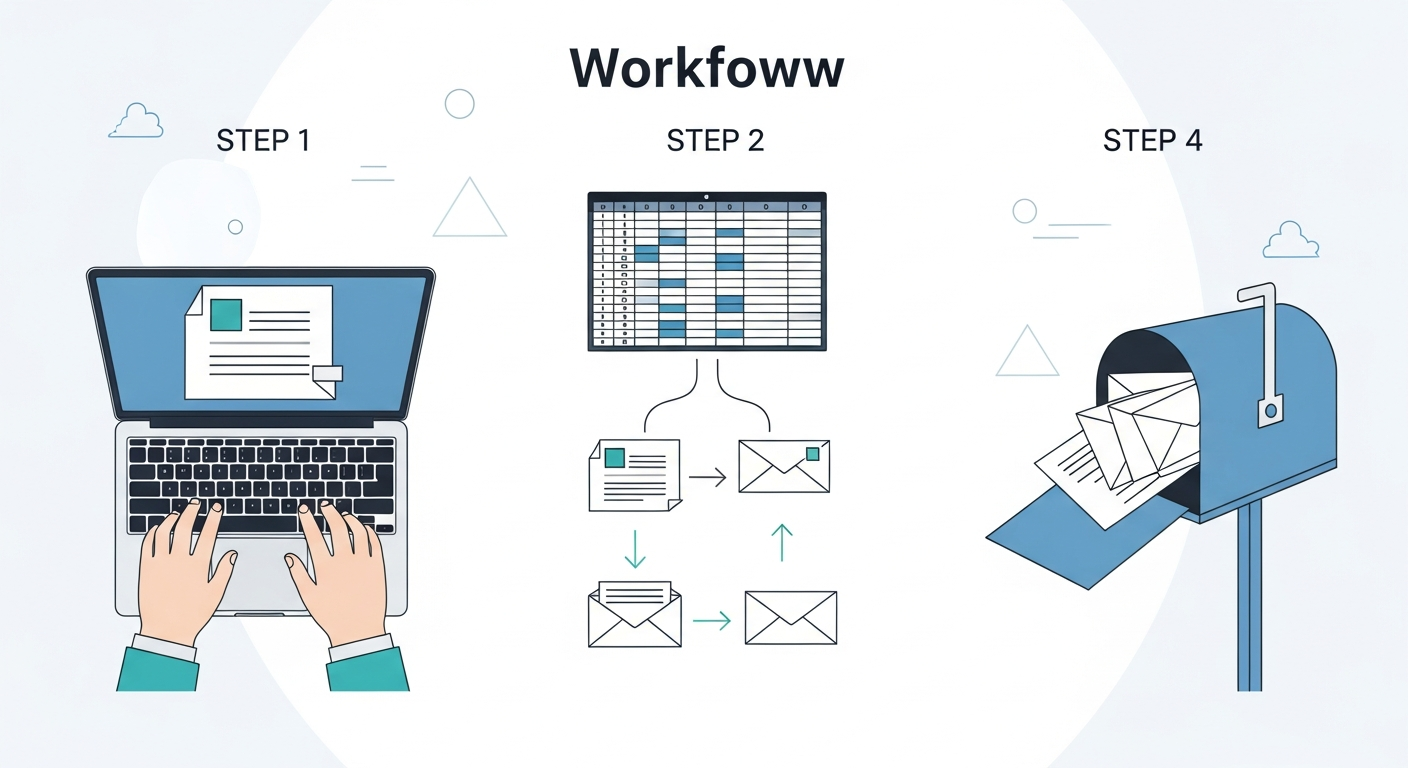 Four-step workflow illustration showing letter creation, CSV upload, field mapping, and mail delivery