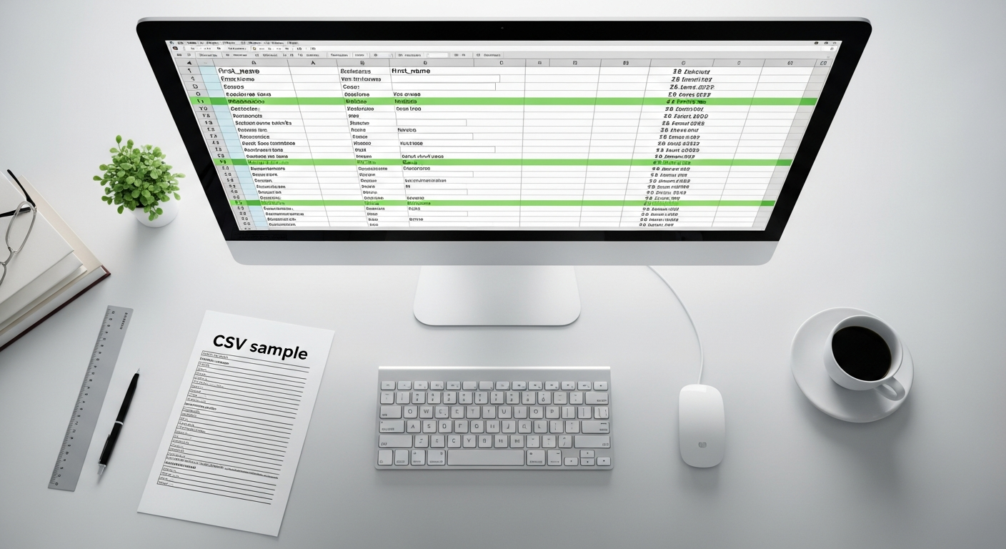 Spreadsheet with organized CSV data columns on computer monitor next to printed reference