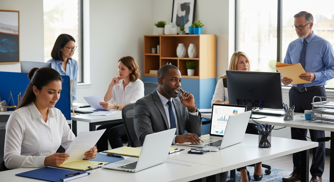 Diverse professionals in modern office using mail services without technical expertise