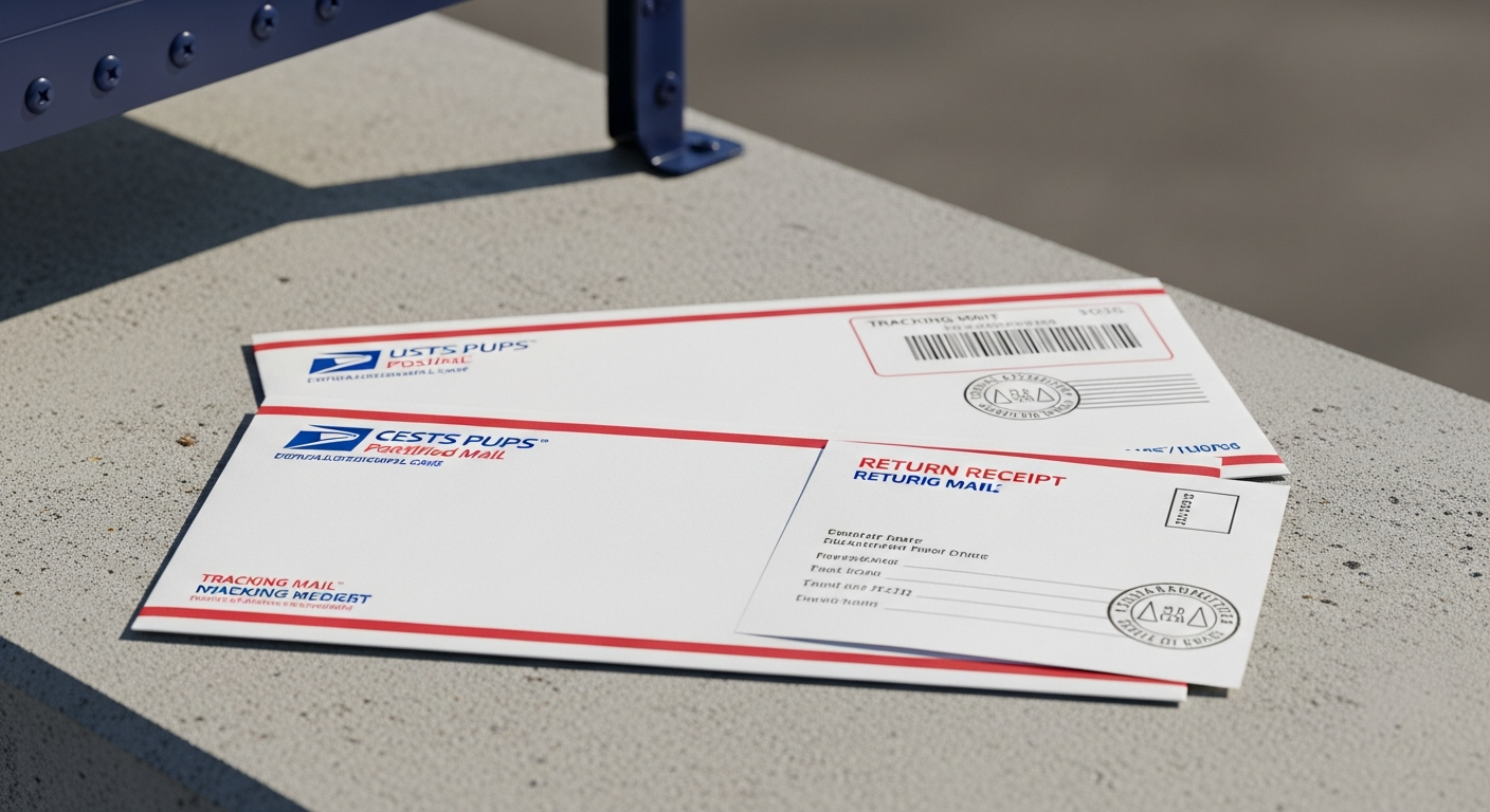 USPS certified mail envelope with tracking label and postmark on concrete surface