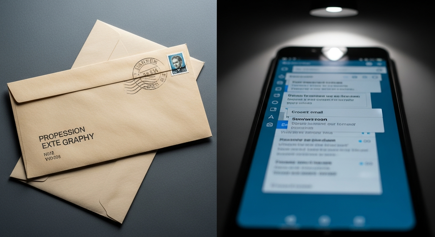 Professional envelope with postage stamp contrasted with digital inbox on smartphone screen