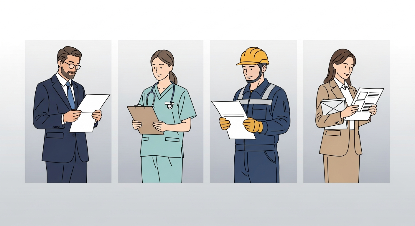 Four professionals from different industries reviewing printed business correspondence