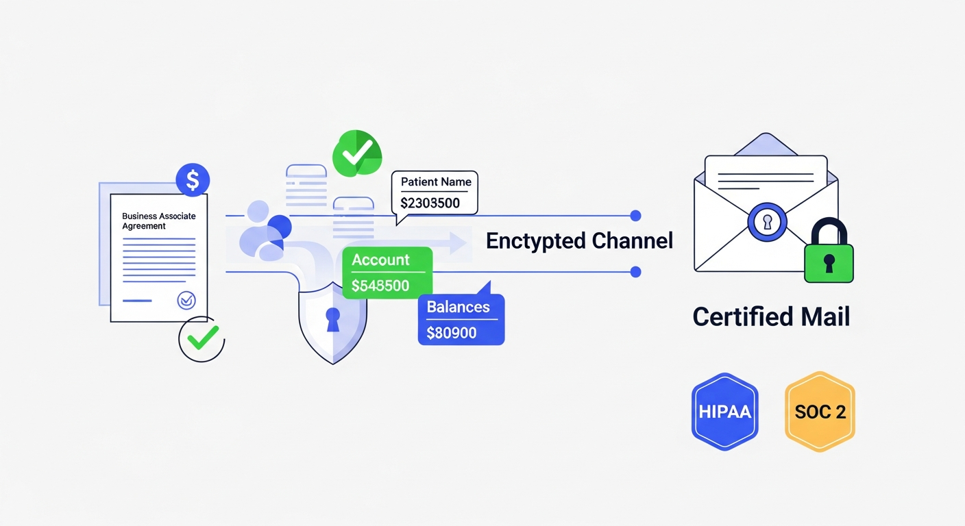 Encrypted data flow from healthcare provider to HIPAA-compliant mail platform with security and compliance badges