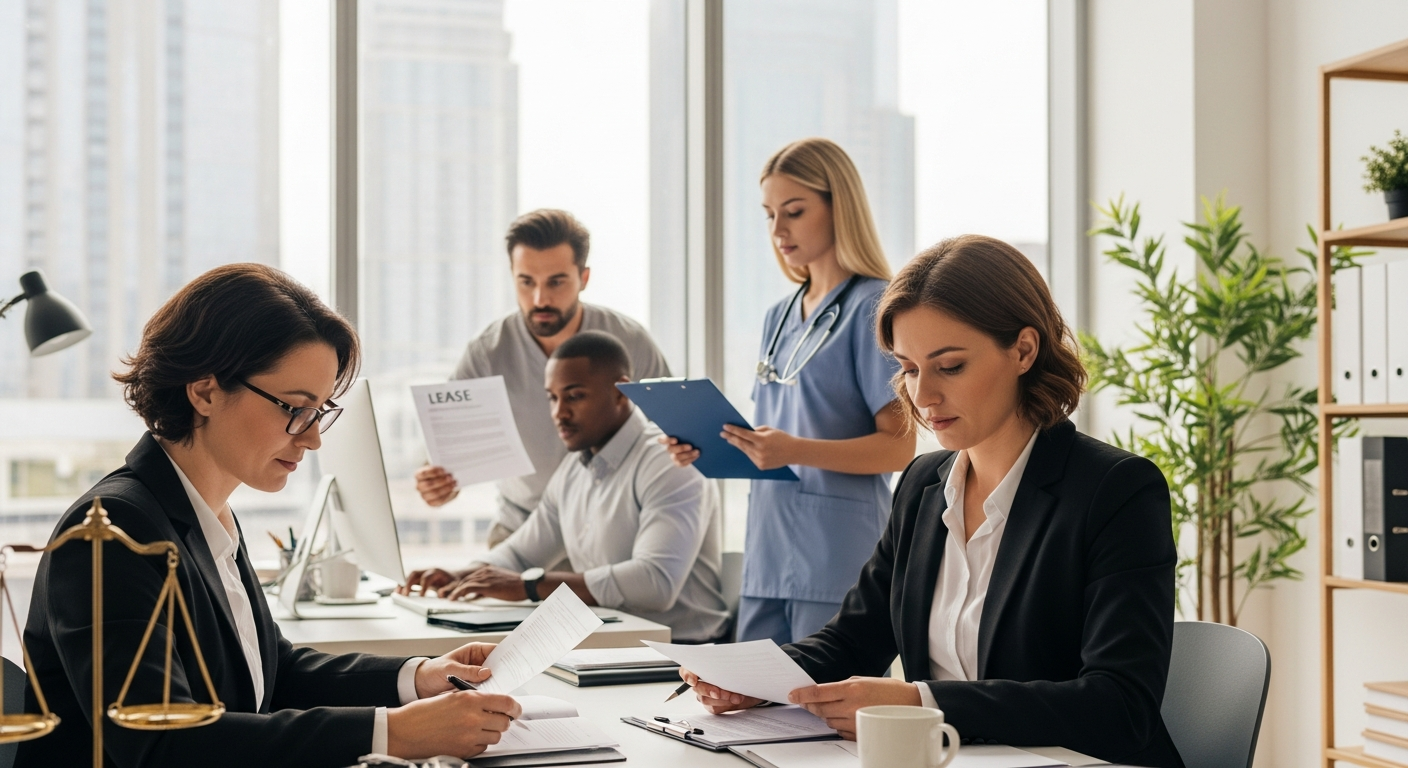 Diverse professionals in modern office: lawyer, healthcare worker, business owner, property manager