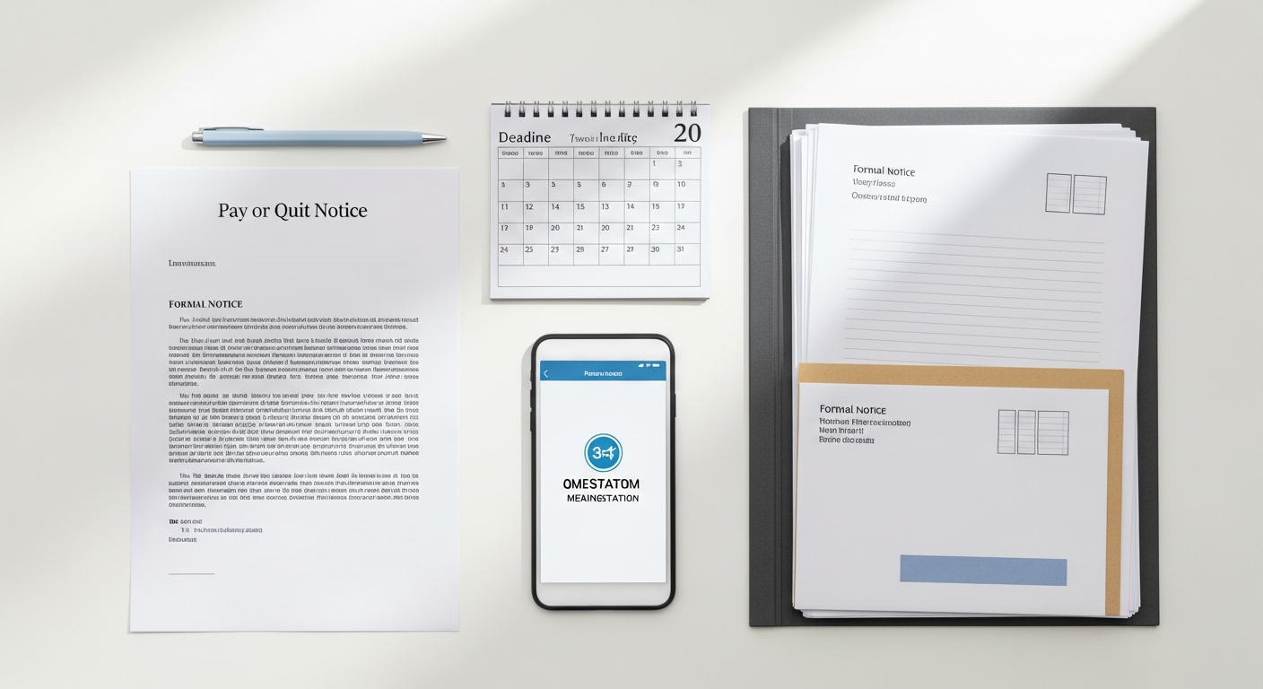 Organized documentation of pay or quit notice including printed letter, mailing confirmation, and calendar