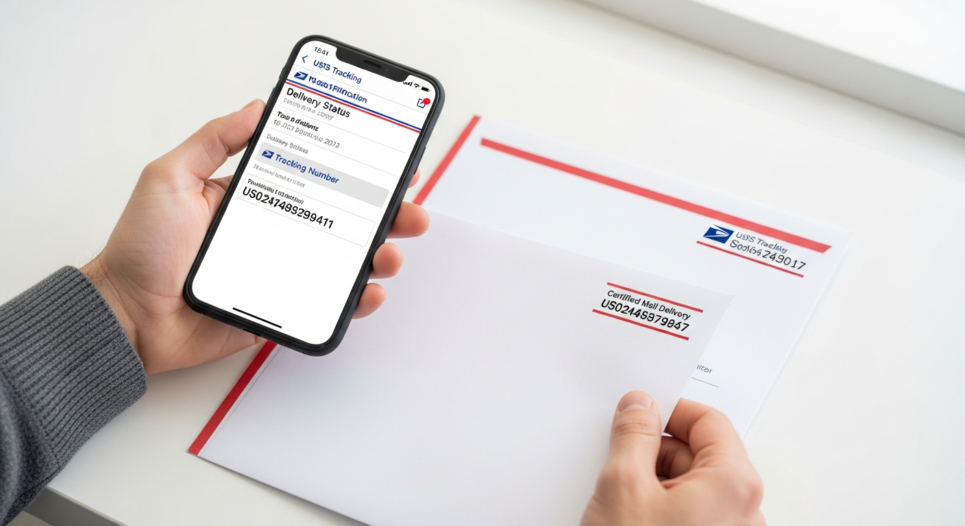 Smartphone displaying USPS tracking confirmation next to printed collection letter with tracking number.