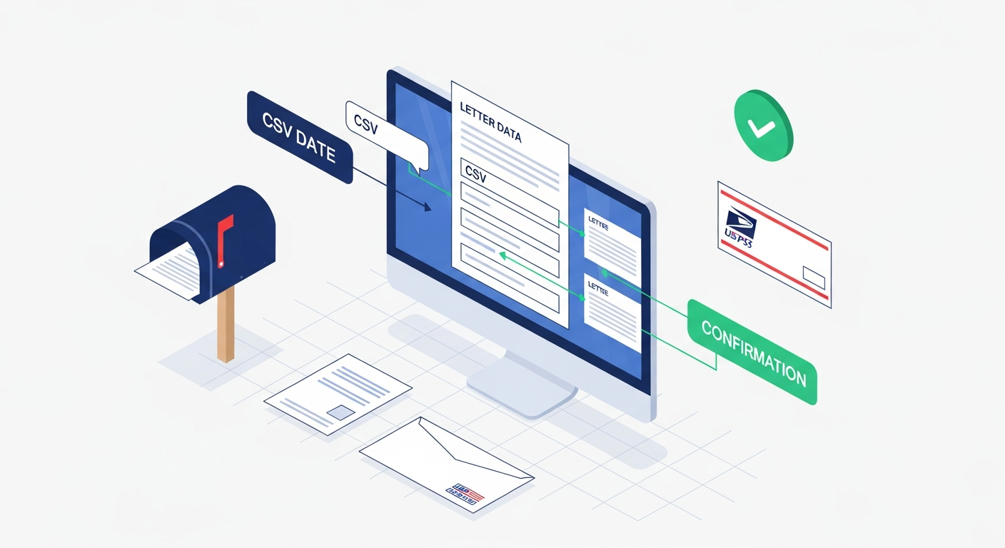 Digital workflow showing letter template, CSV upload, and mail automation process