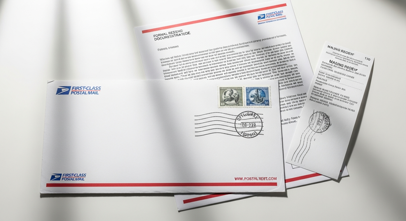 USPS First-Class Mail envelope with postmark and mailing documentation showing legal proof of delivery