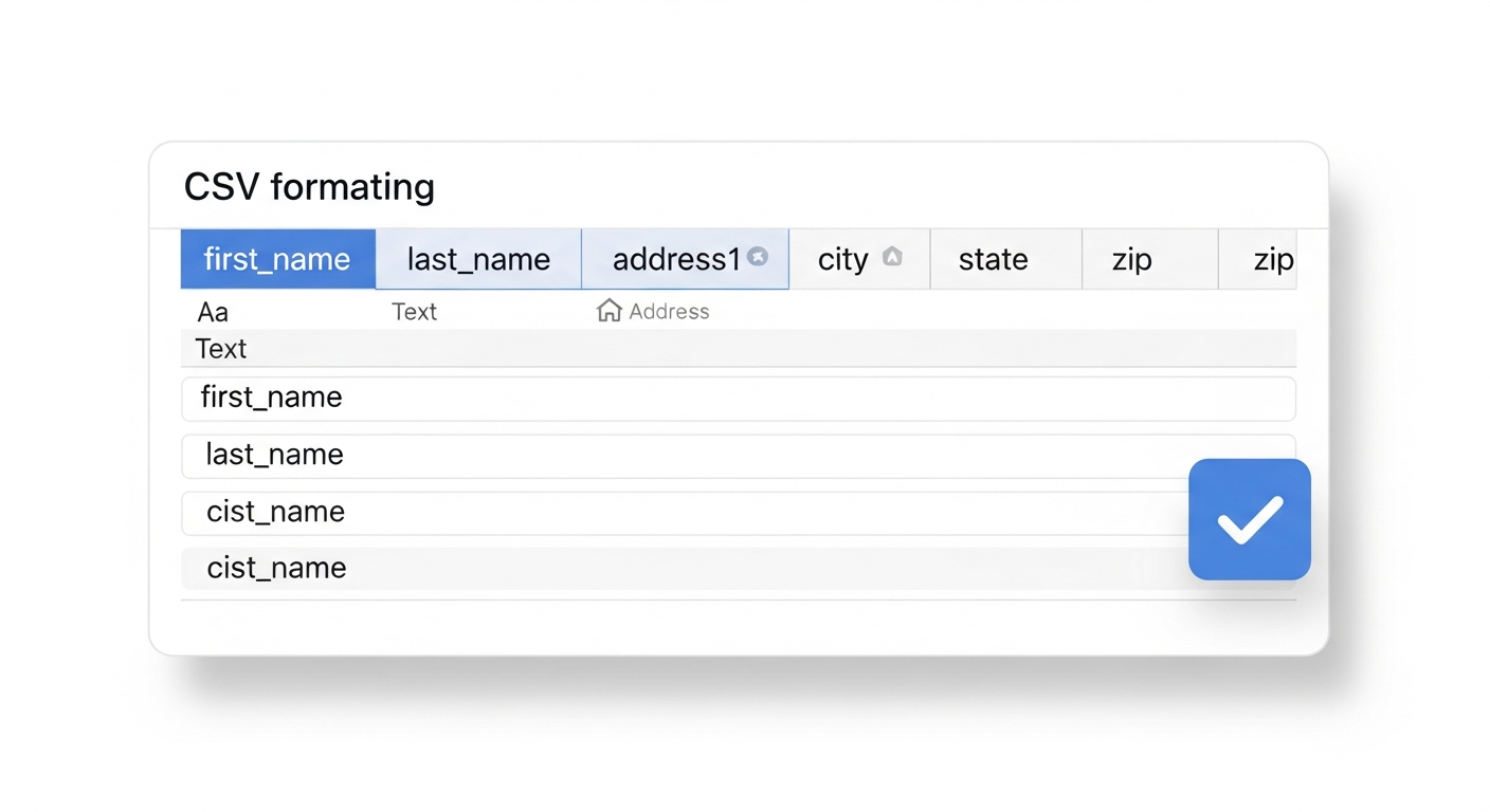 Clean spreadsheet showing CSV column headers and properly formatted recipient data with validation checkmark