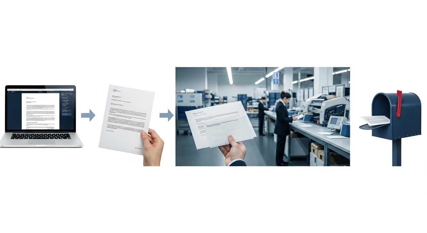 Visual sequence showing letter composition on screen progressing through printing and USPS delivery stages