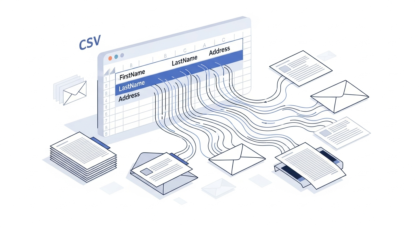 Bulk mail merge workflow showing CSV data mapping to personalized letters