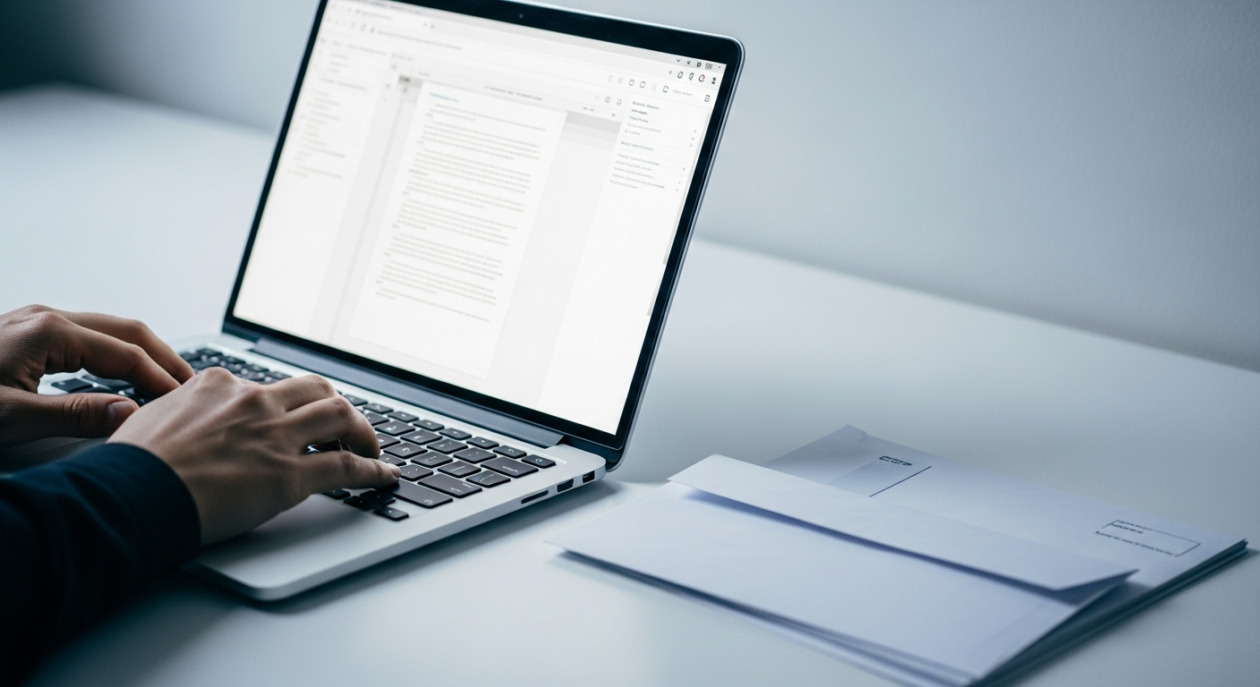 Person composing a formal letter on a laptop with a sealed envelope ready to mail nearby