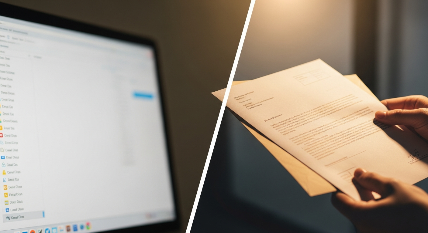 Comparison of formal letter in envelope versus email on computer screen