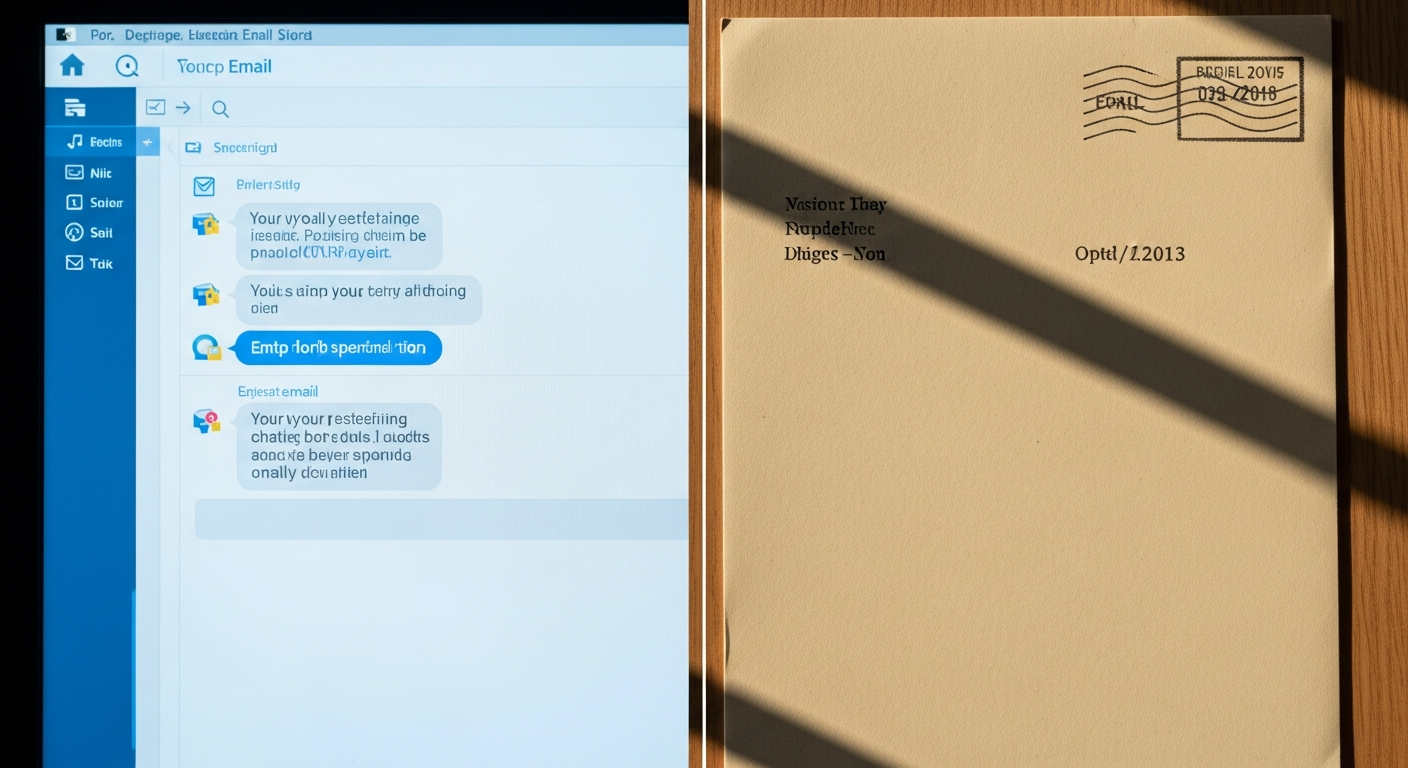 Comparison of email inbox versus formal mailed letter showing physical mail credibility