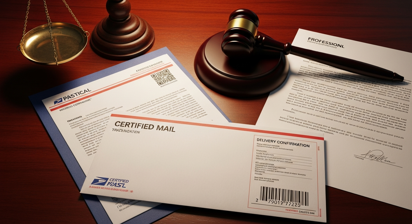 USPS certified mail envelope with tracking documentation and legal delivery confirmation symbols on professional desk