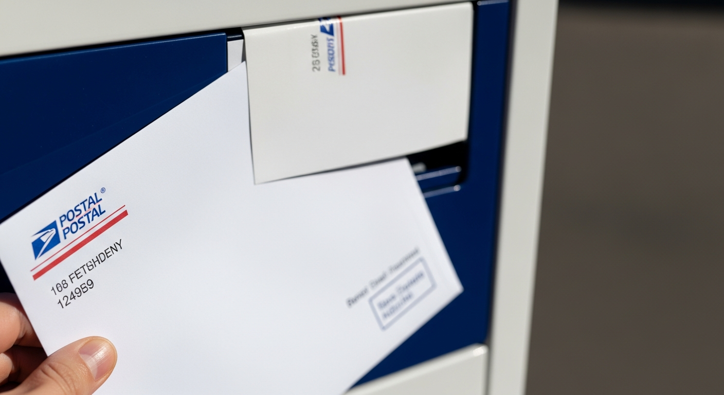 Formal legal notice being placed in mailbox for USPS First-Class Mail delivery