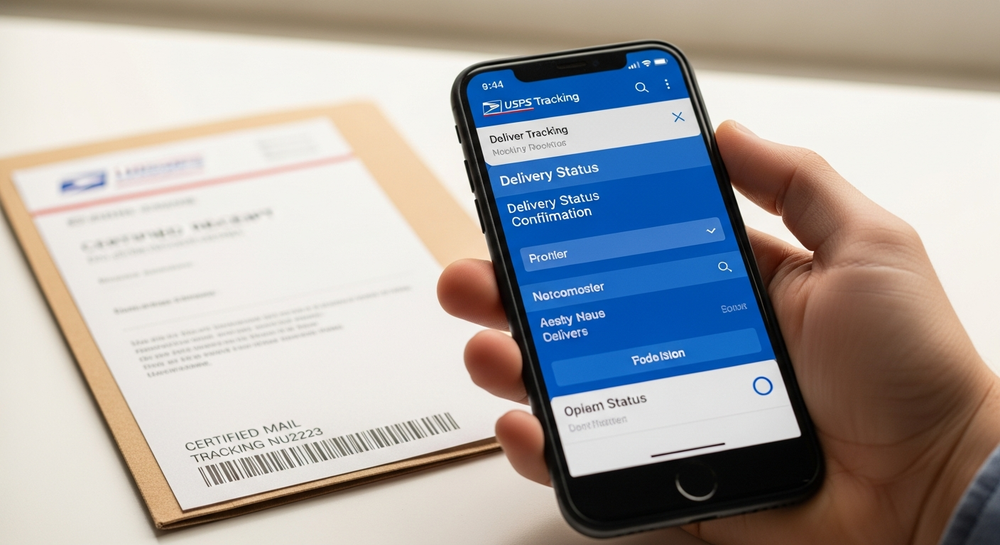 Smartphone showing USPS tracking confirmation screen with certified mail delivery status
