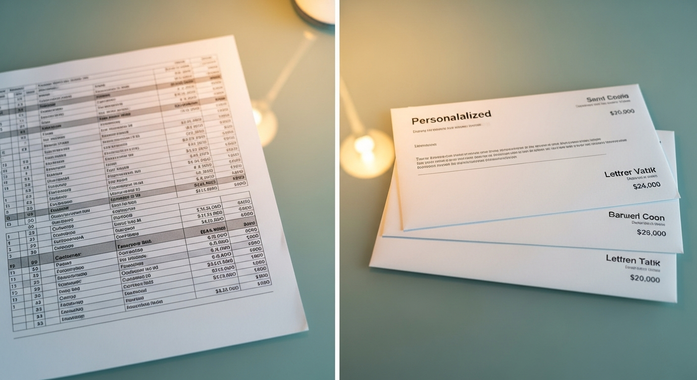 Spreadsheet data mapped to personalized bulk mailing letters on organized desk