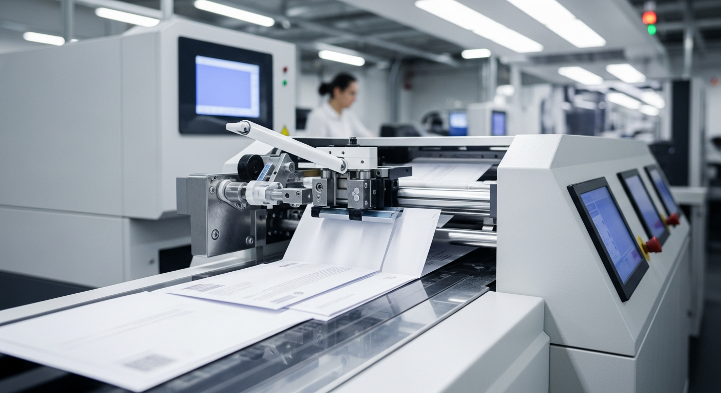 Automated envelope printing and processing machinery at a mail fulfillment facility