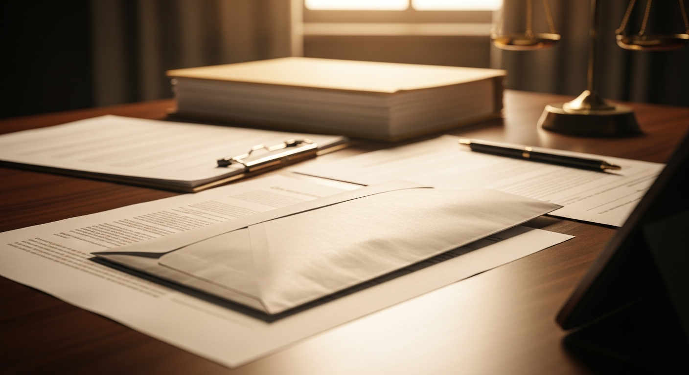 Legal documents and sealed envelope on office desk conveying formal correspondence and compliance