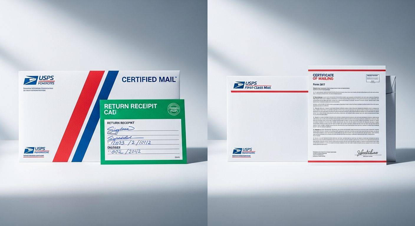 Certified Mail envelope with return receipt compared to First-Class Mail with Certificate of Mailing