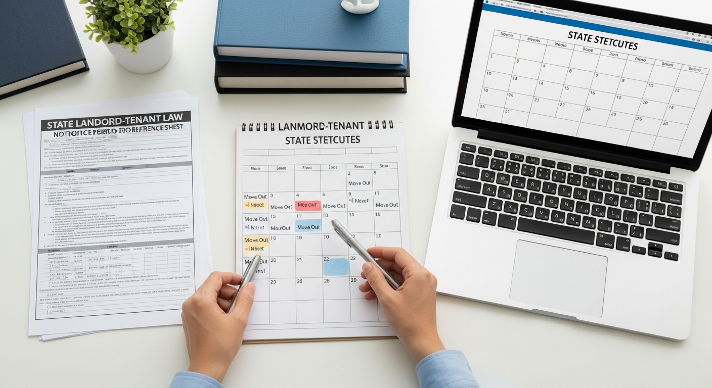 Property manager reviewing state notice period requirements and tenant move-out dates