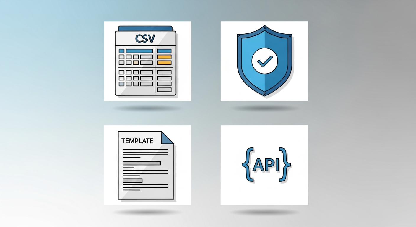 Flat design icons representing CSV data, security compliance, templates, and API integration