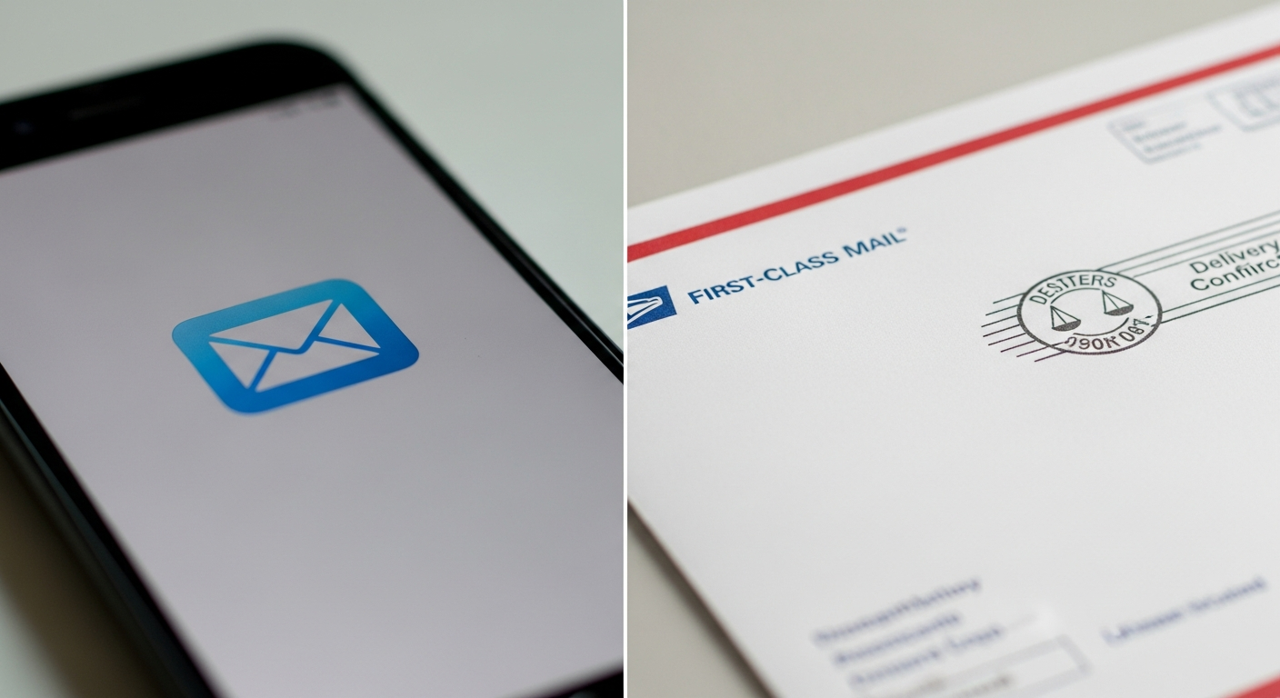 USPS mailed envelope with postmark next to smartphone showing email, emphasizing physical mail credibility