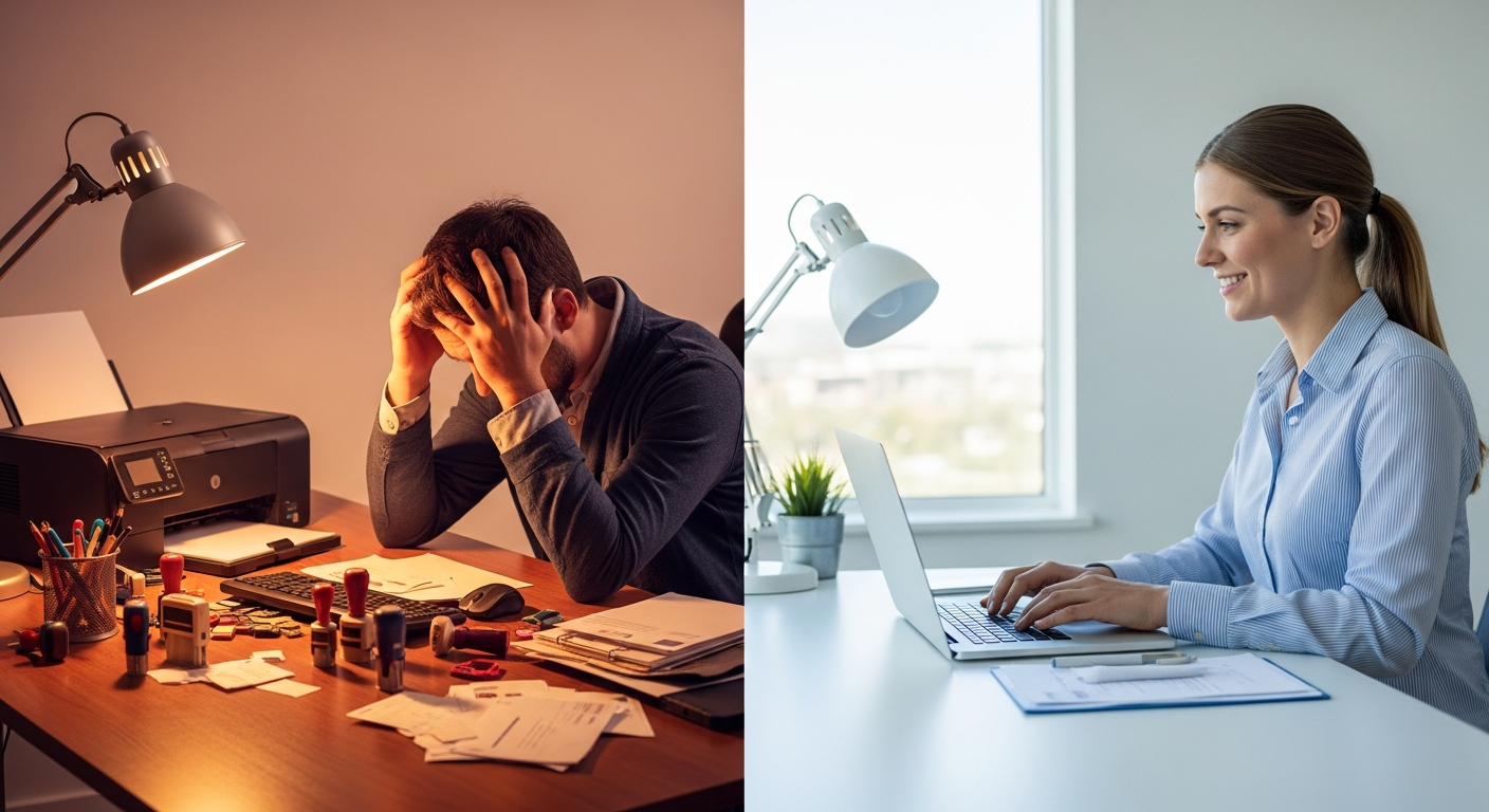 Before-and-after comparison of cluttered mail printing versus streamlined digital mail sending