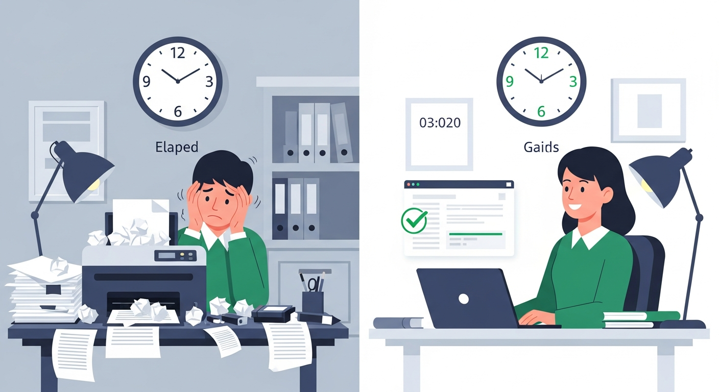 Split comparison showing cluttered traditional mailroom versus efficient digital mail platform