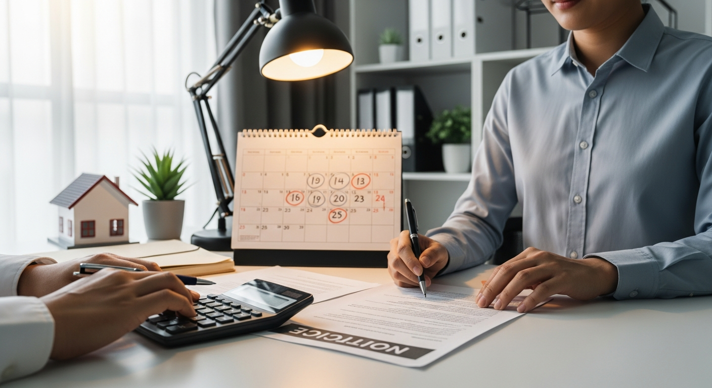 Property manager calculating vacate date using calendar and calculator at desk.