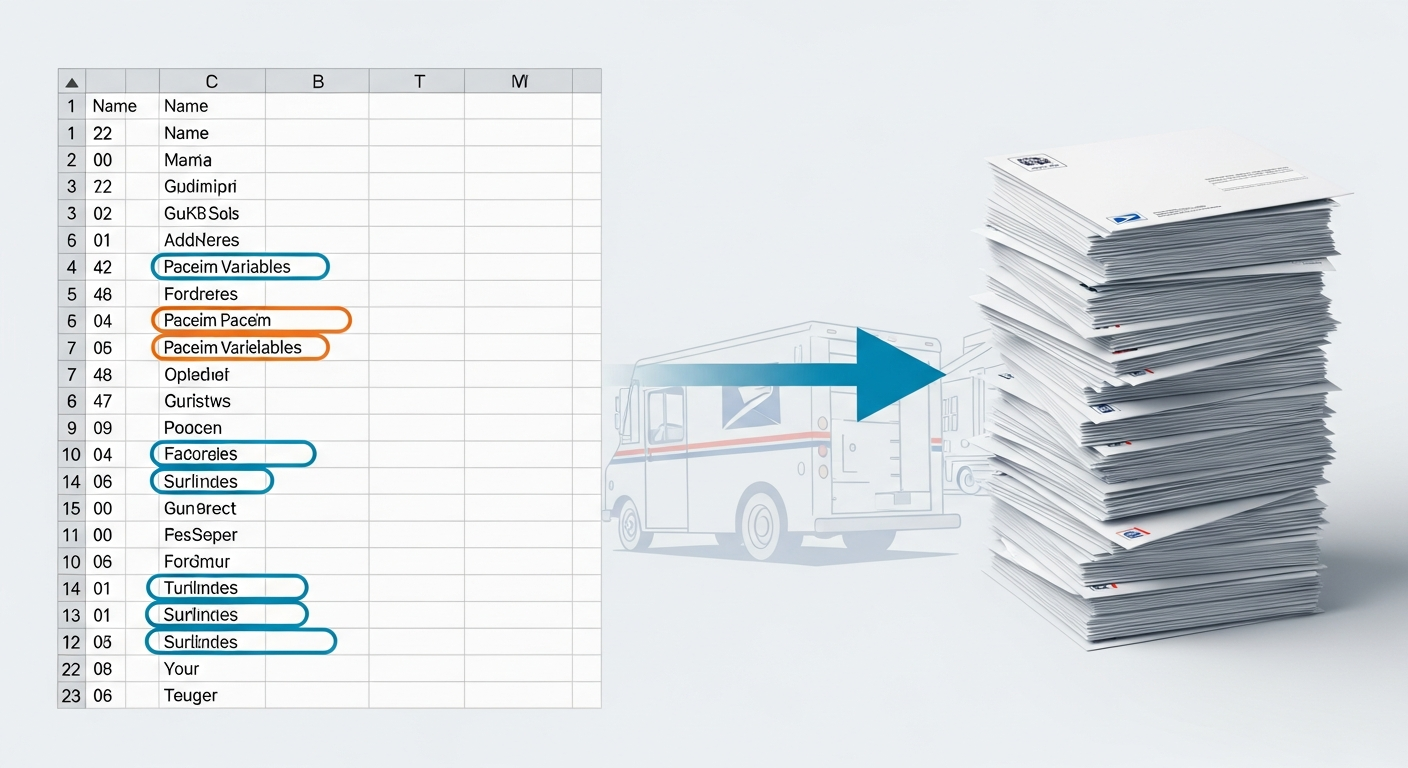 Illustration of CSV data transforming into bulk physical mail delivery process