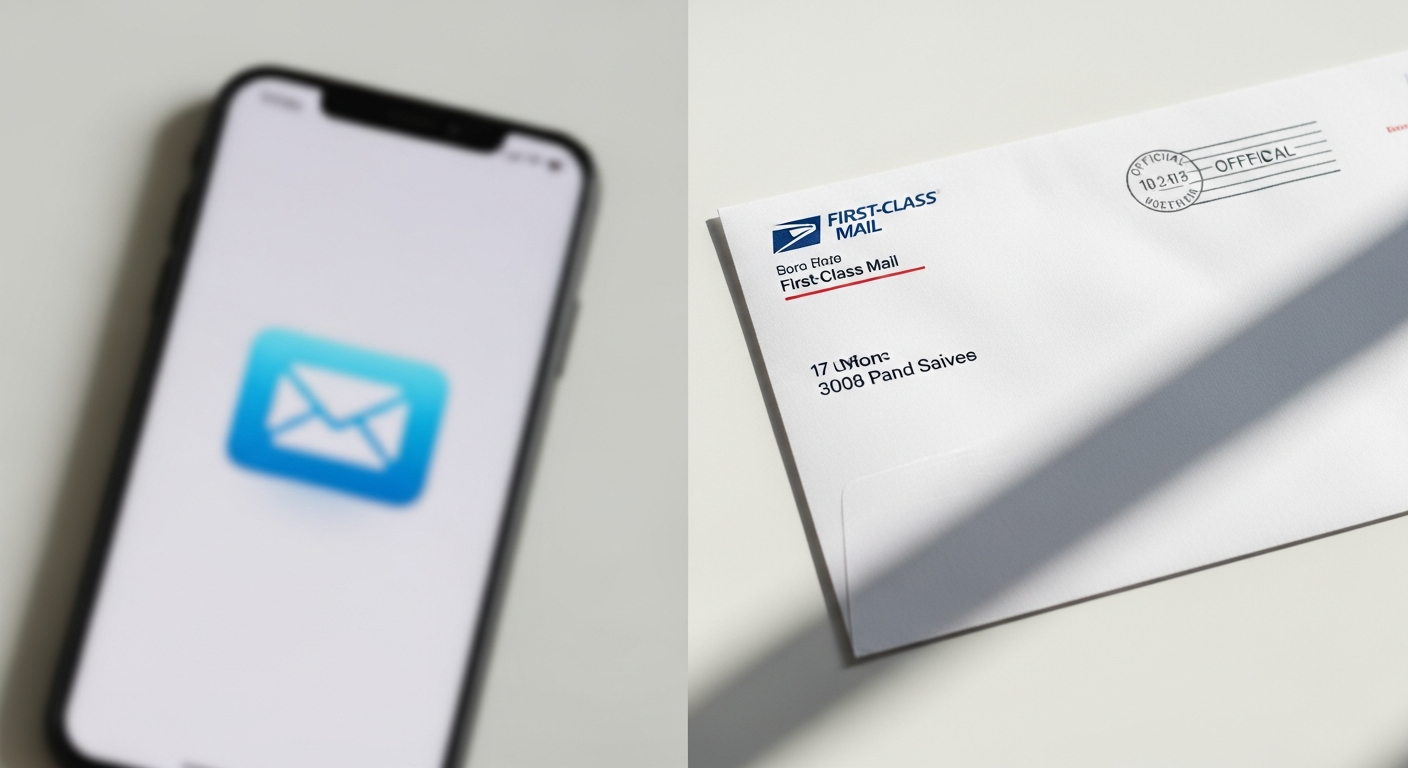 USPS First-Class Mail envelope with postmark next to faded email icon, symbolizing reliable physical delivery