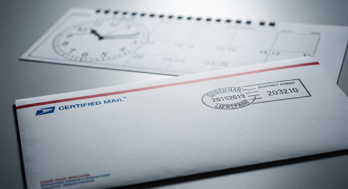 USPS certified mail envelope with clear postmark date stamp for deadline documentation