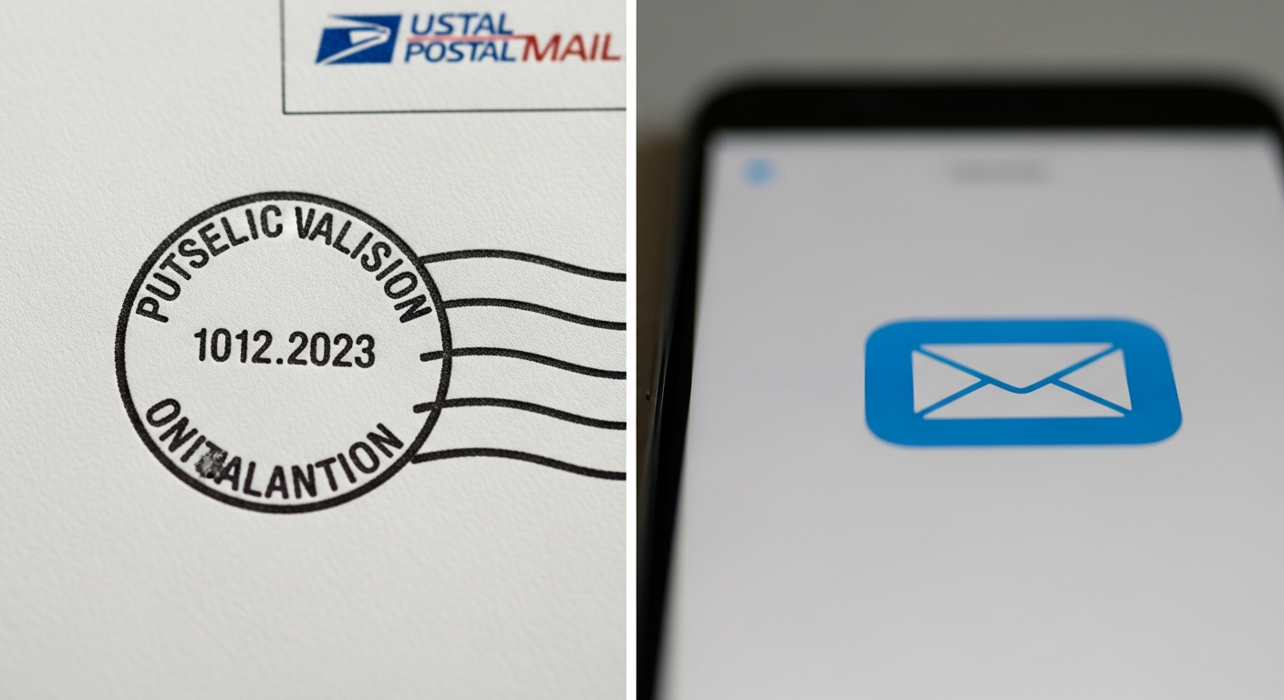 USPS postmark on envelope compared to blurred email inbox