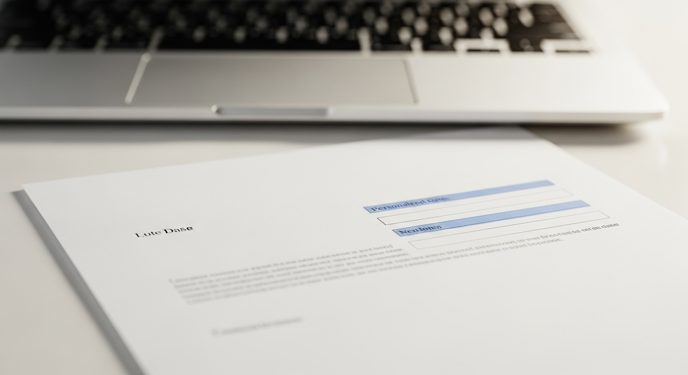 Close-up of a formal letter template with highlighted variable fields on a desk beside a laptop, illustrating mail merge personalization