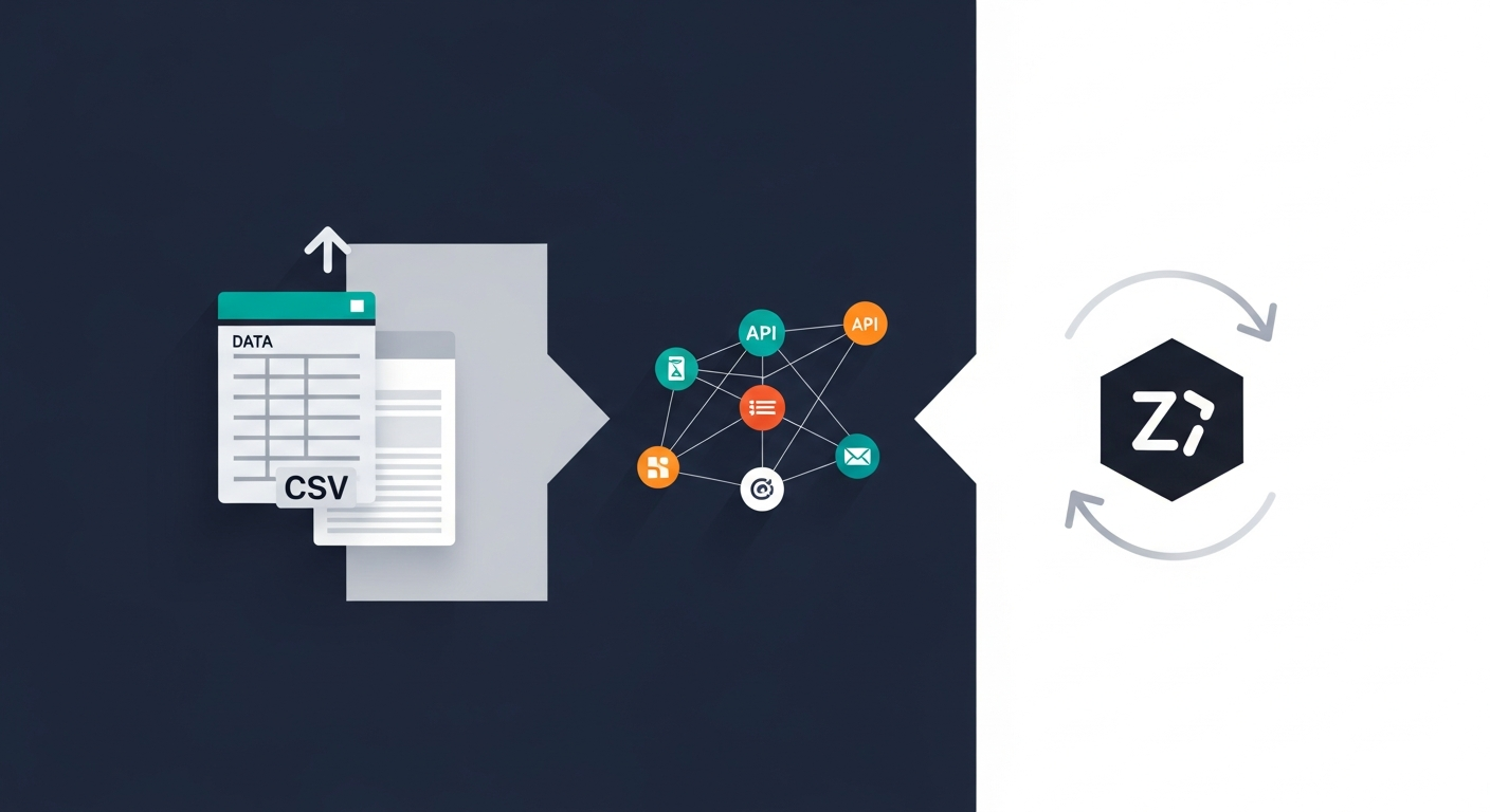 Three integration workflow pathways illustrated with icons for CSV, API, and Zapier automation methods
