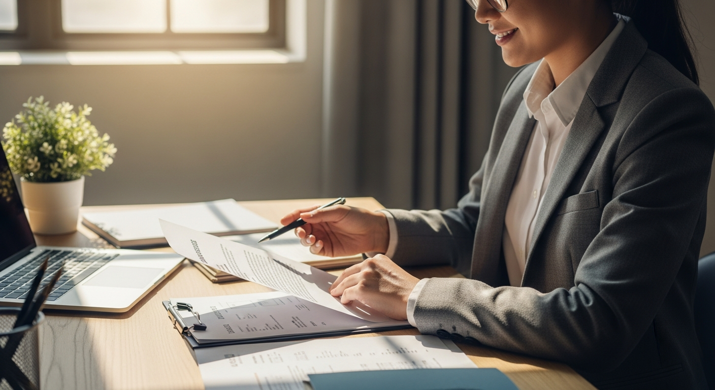Business professional reviewing successful payment collection documents at workspace