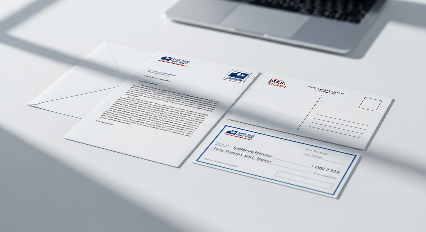 Professional printed letter, postcard, and check with USPS postage