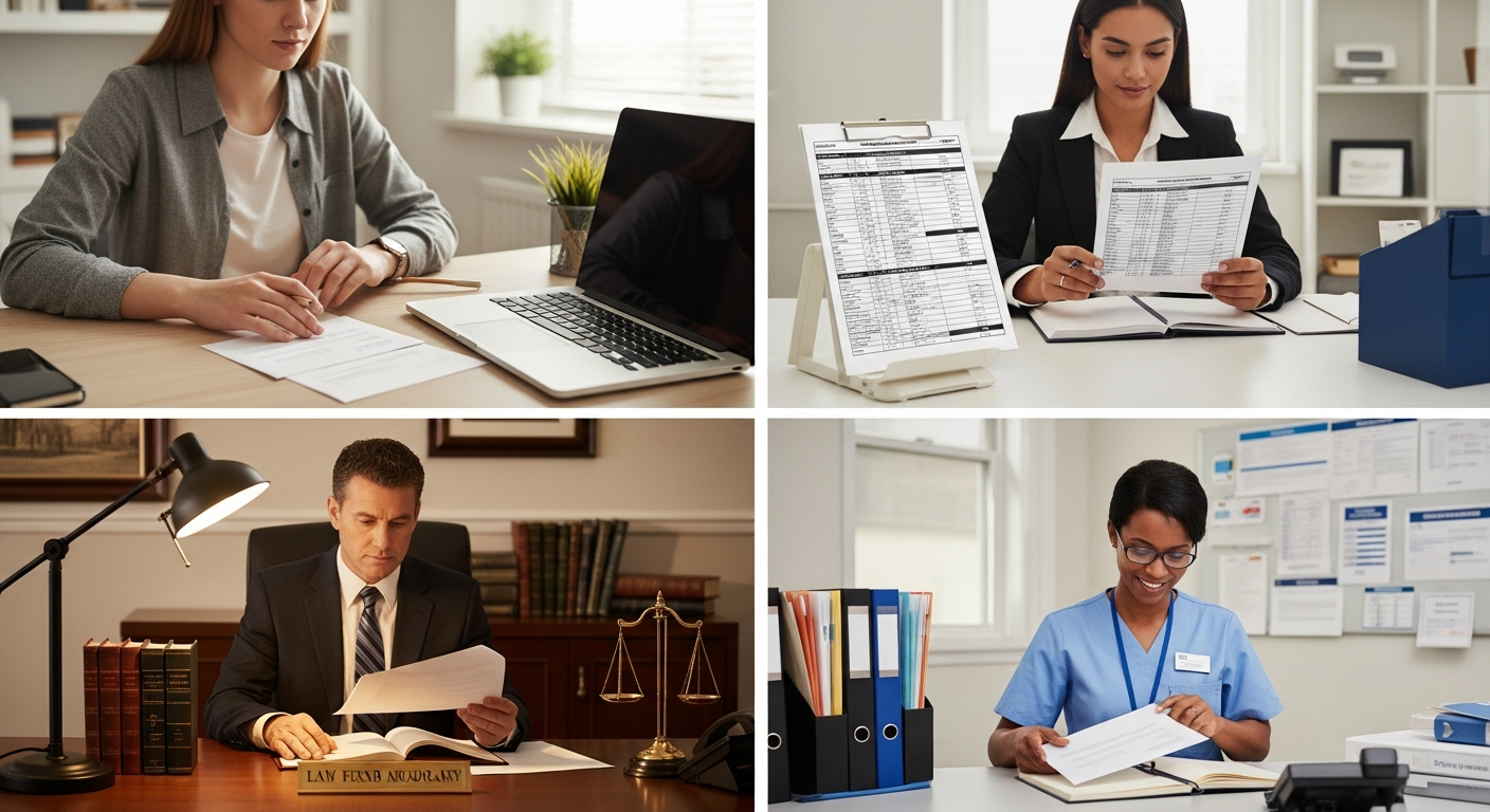 Four distinct professional scenarios showing individuals, business owners, lawyers, and healthcare administrators preparing documents for mailing.