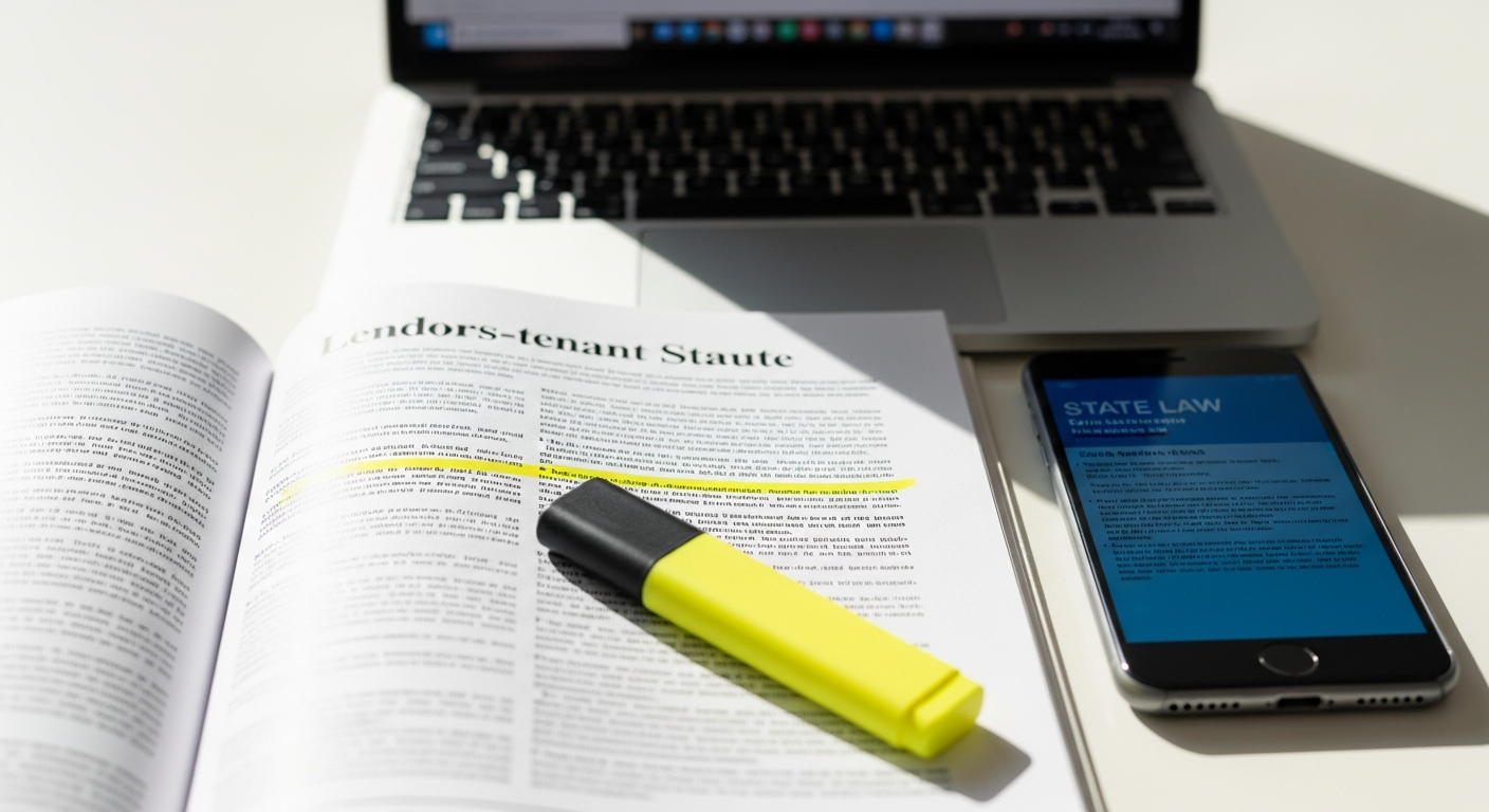 Legal documents and smartphone displaying state landlord-tenant law requirements on desk
