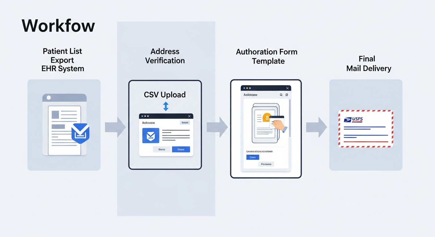 Visual workflow showing steps for mailing compliant HIPAA authorization forms
