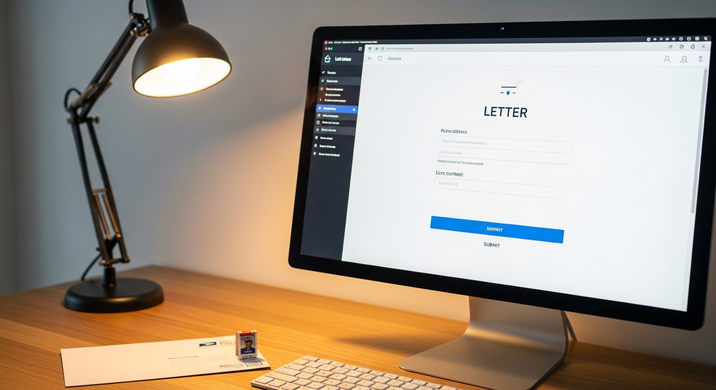 Computer monitor displaying online letter writing interface with envelope