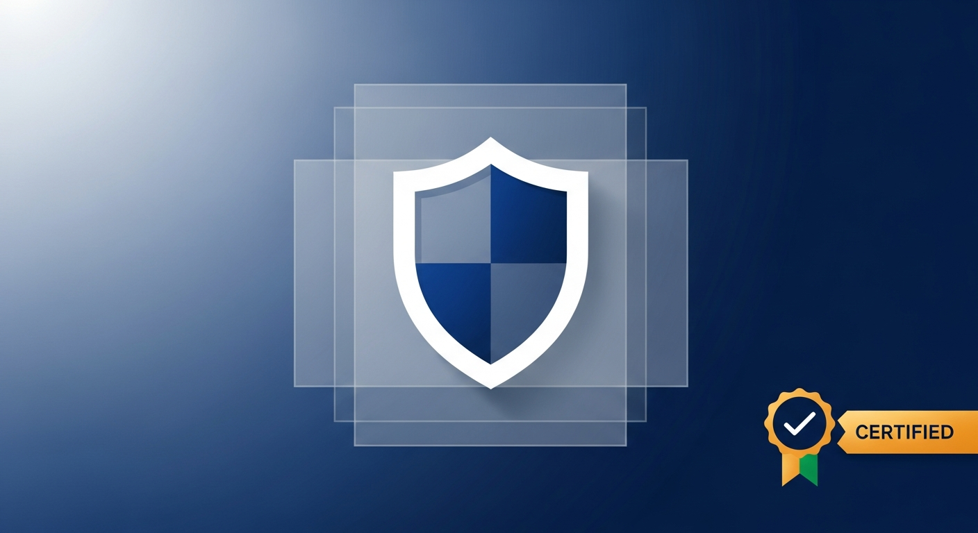 Abstract security shield and compliance badge representing SOC 2 and HIPAA certification standards.