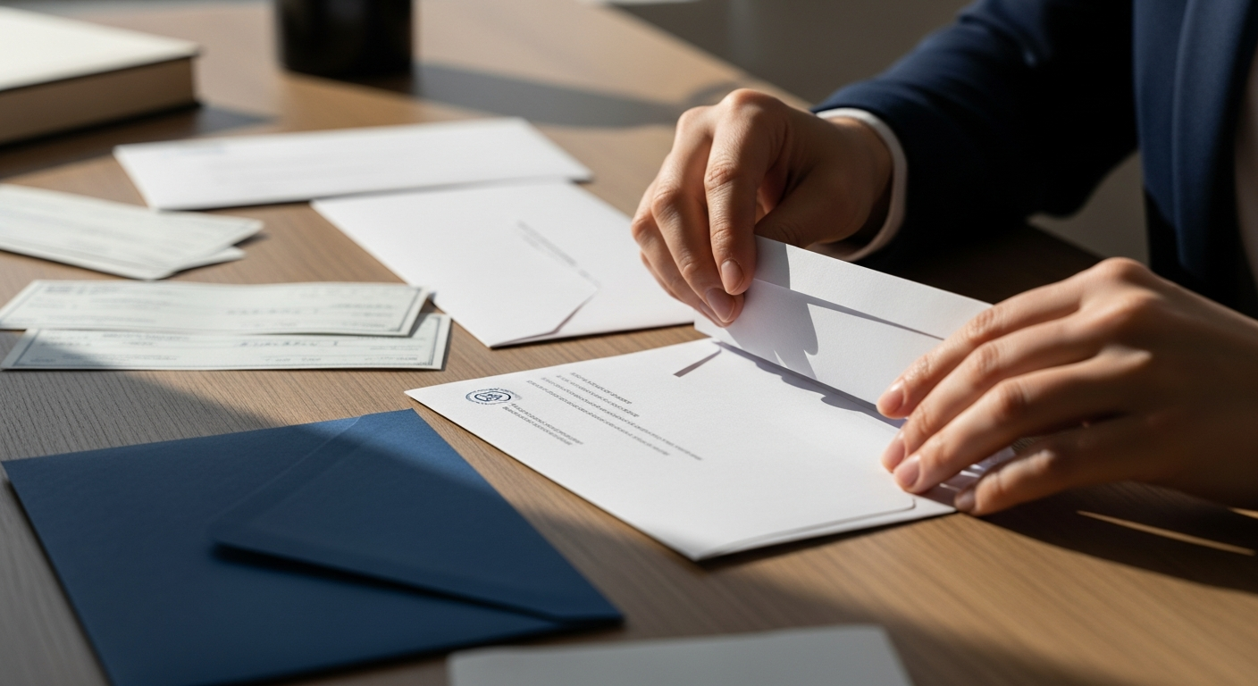 Professional opening formal envelope at desk with additional mail and checks in background.