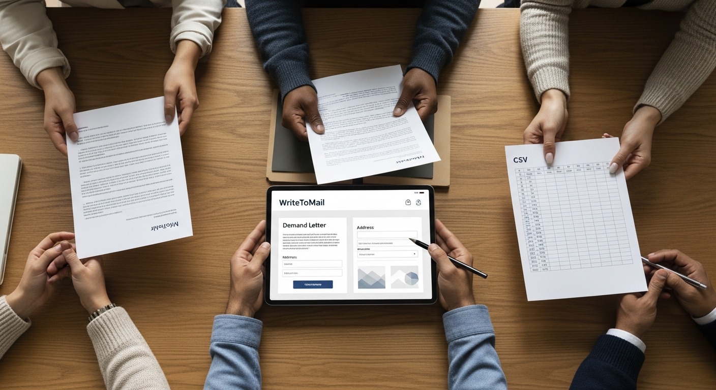 Diverse hands working with mail documents and tablet showing WriteToMail interface