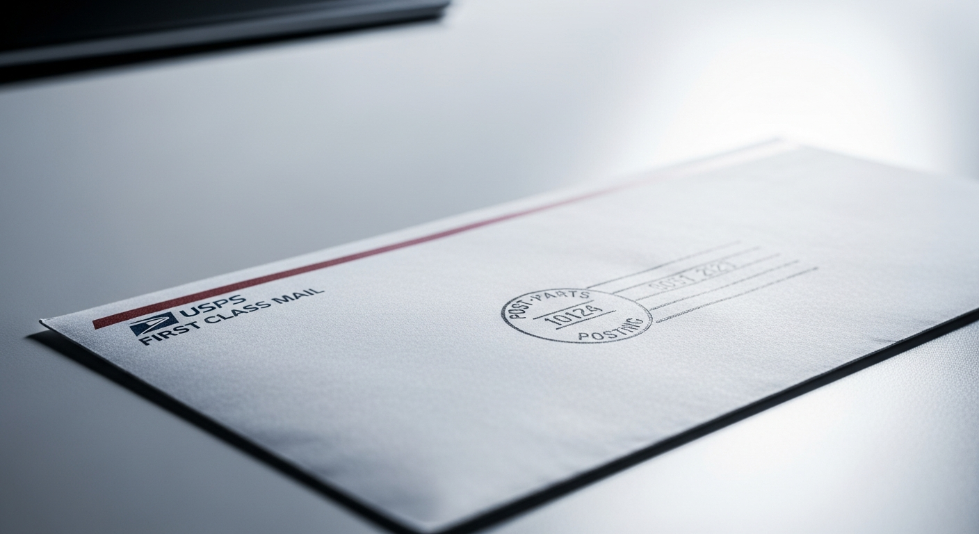 USPS First-Class Mail envelope with postmark date stamp for legal delivery documentation