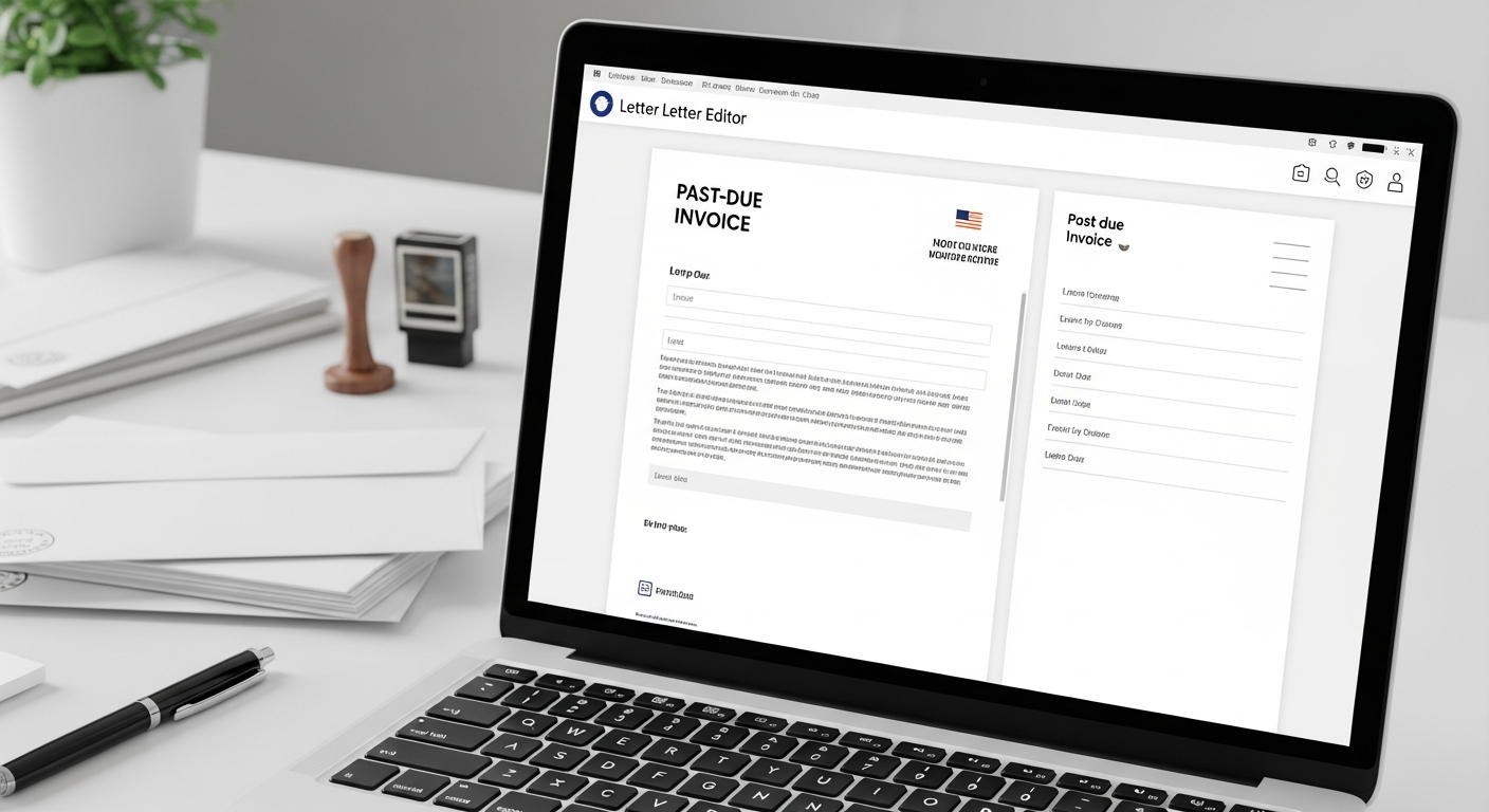 Laptop showing online letter editor with mail supplies, representing digital mail workflow