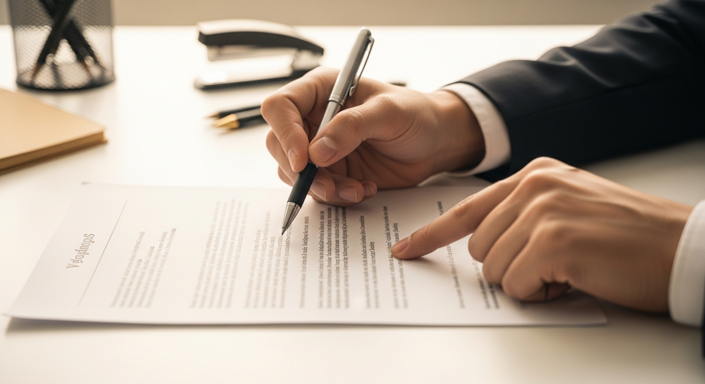Hands reviewing formal document with pen, emphasizing careful attention to detail